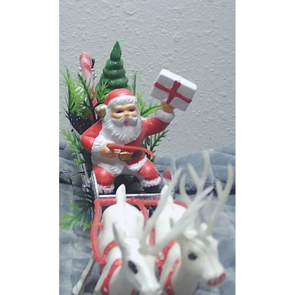 1960s/70s Plastic Xmas Kitsch Blow Mold, Santa, Sleigh & Reindeer, Holiday Decor